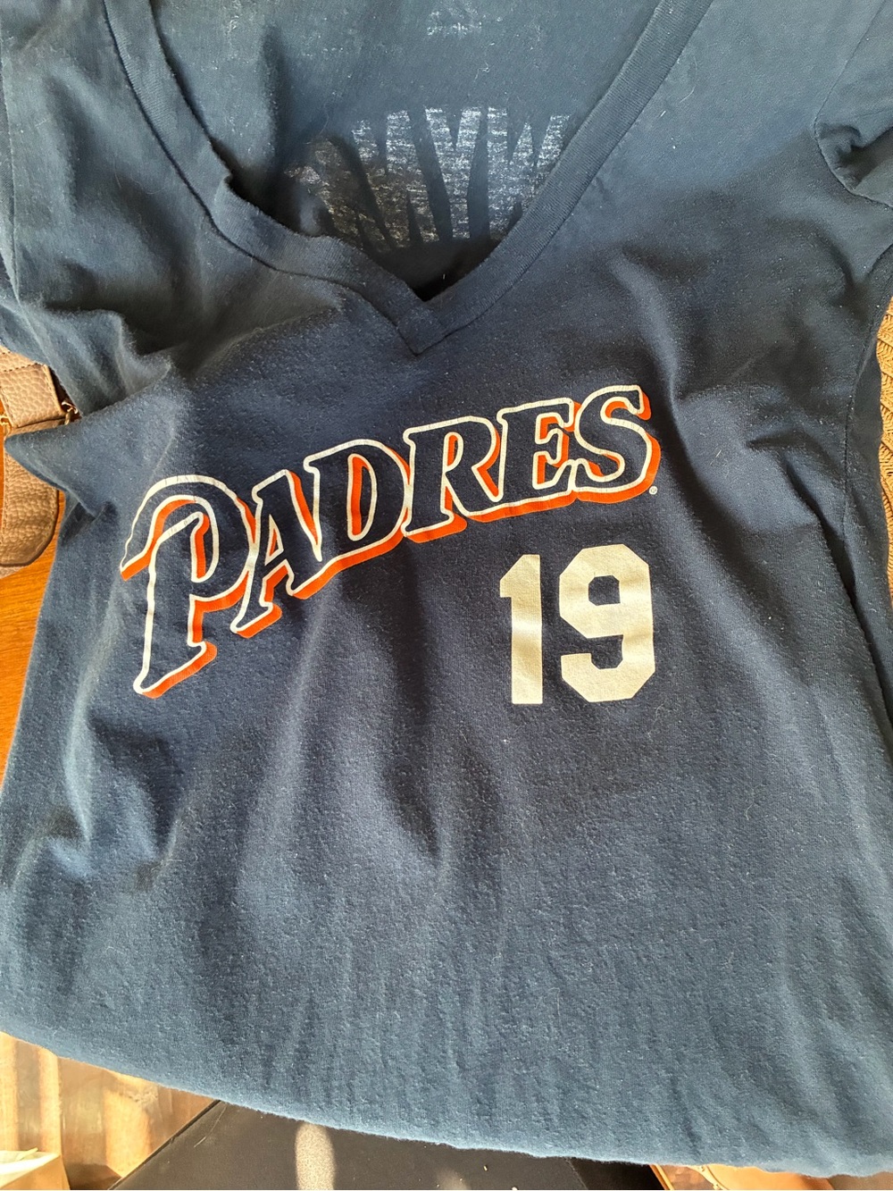 Majestic Navy Padres Graphic V-Neck Tee with Orange Accents